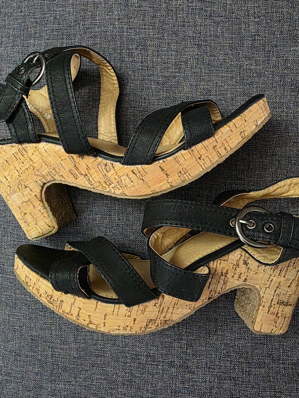 Black Cork-Heel Strappy Sandals